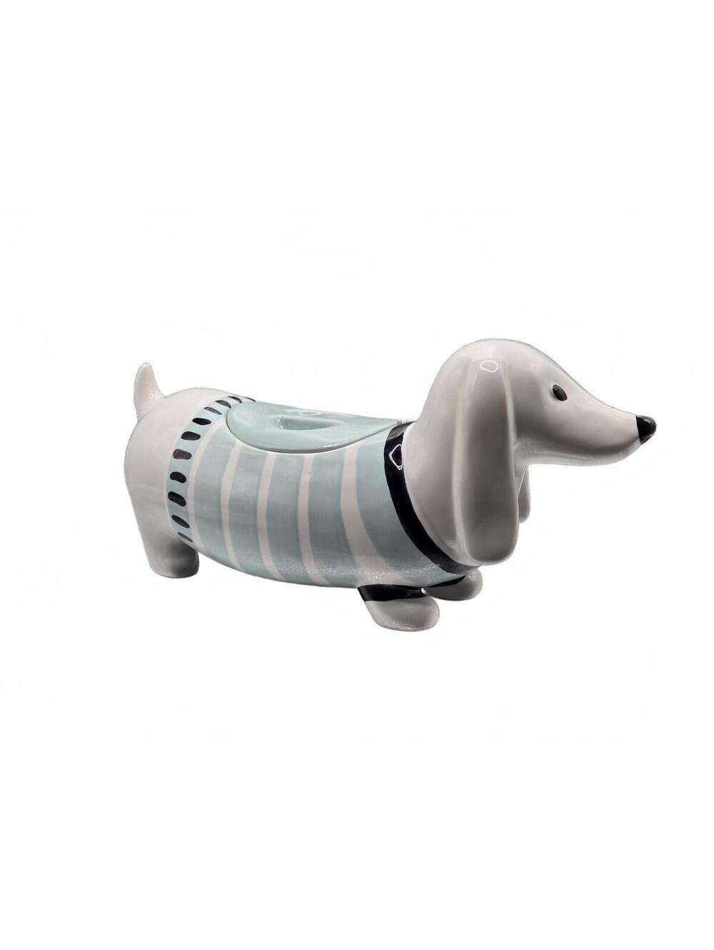 Dachshund Cookie Treat Jar Weiner Dog Threshold Teal Green Blue Striped EUC - Picture 3 of 7